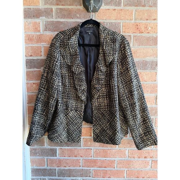 Rafaella Studio Women's Brown Black Ruffles Long Sleeve Tweed Blazer Size 2X - Picture 1 of 5